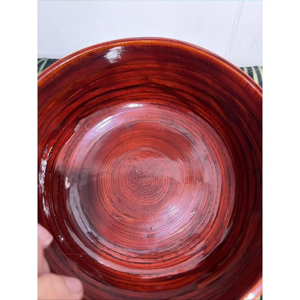 VTG Spun Bamboo Bowl Red Lacquer Centerpiece Gabriella Crespi Style Boho 6.5